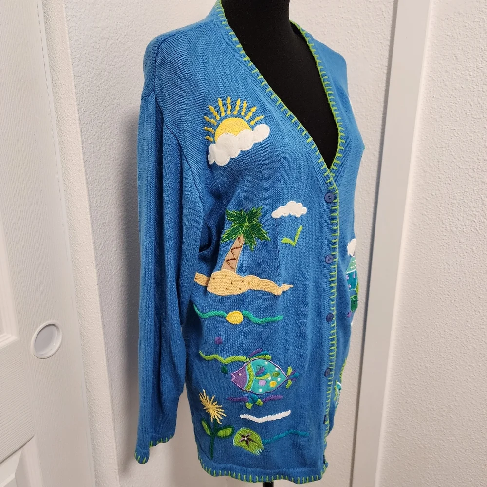 Vintage Quacker Factory Blue Tropical Seashort Cardigan Sweater - Picture 3 of 9